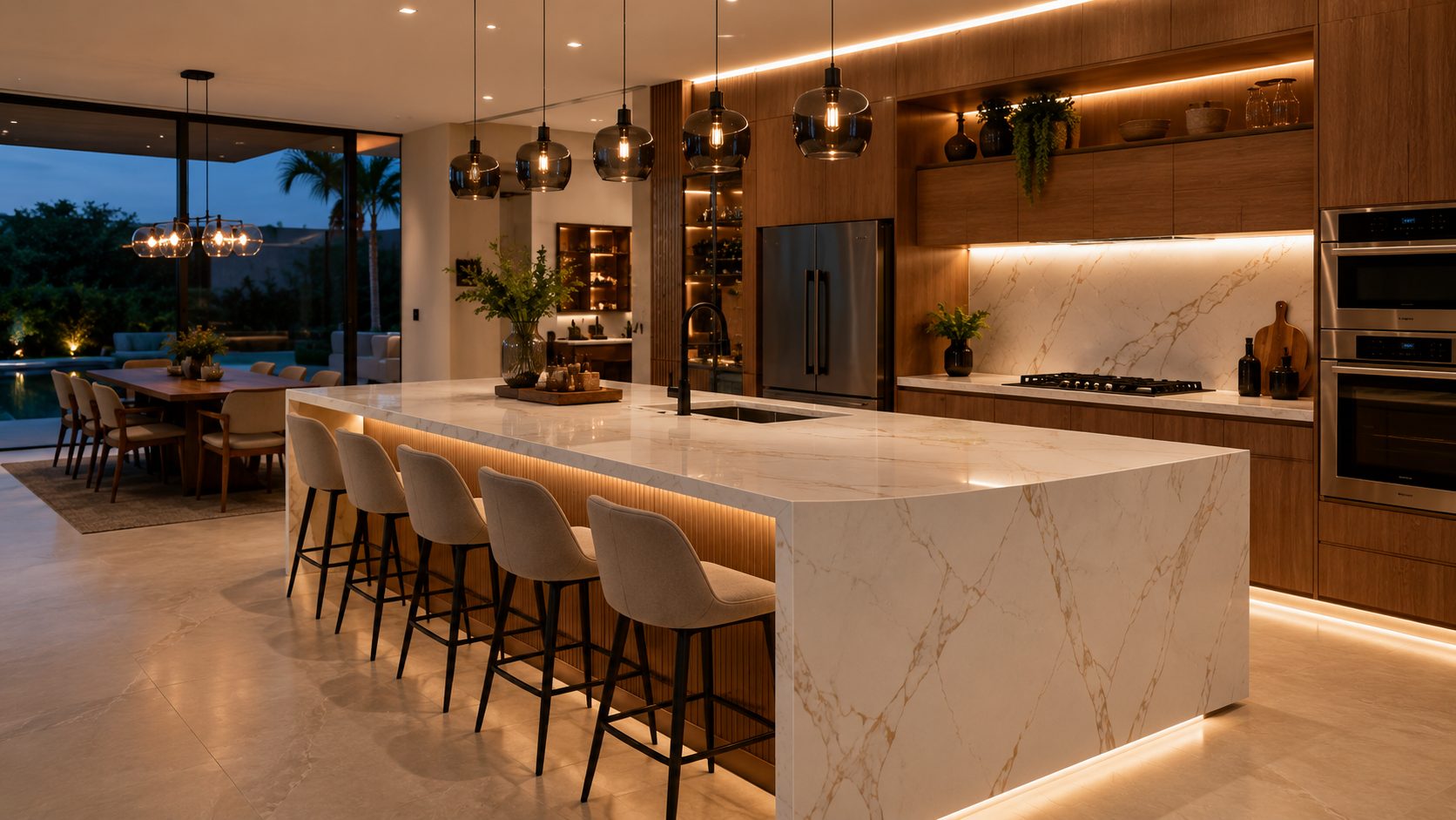 Cozinha premium com bancada em mármore e ilha gourmet