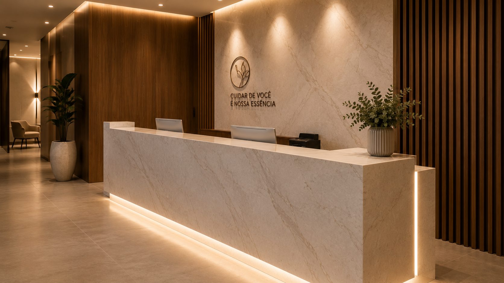 Bancada comercial de recepção em pedra
