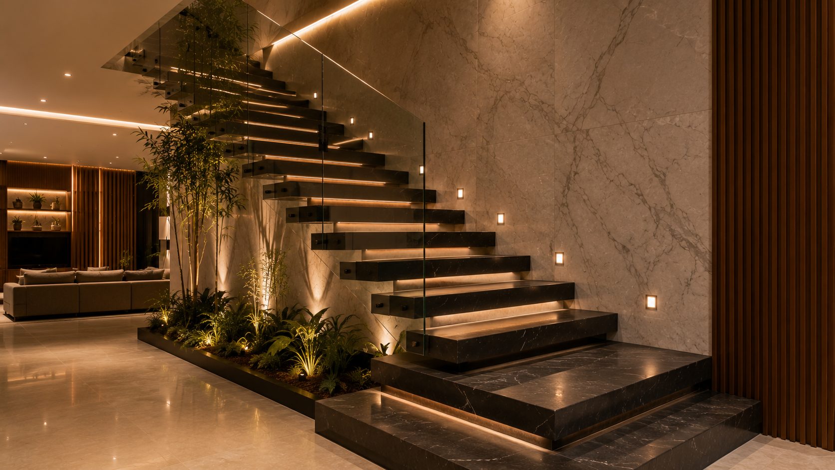 Escada revestida em mármore preto